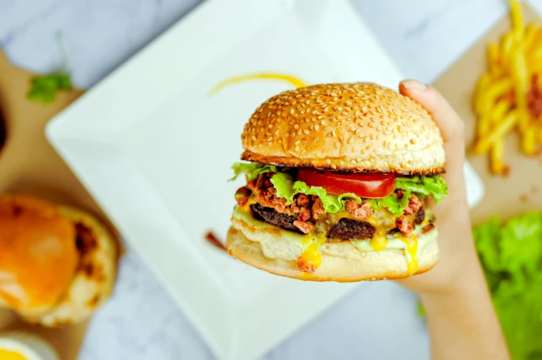 a close up of a person holding a hamburger, by Julia Pishtar, pexels contest winner, square, recipe, background image, malaysian