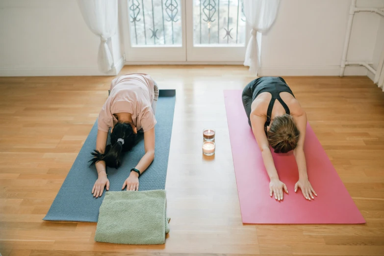 a couple of women laying on top of yoga mats, unsplash, light and space, 🦩🪐🐞👩🏻🦳, facing away, profile image, sweating