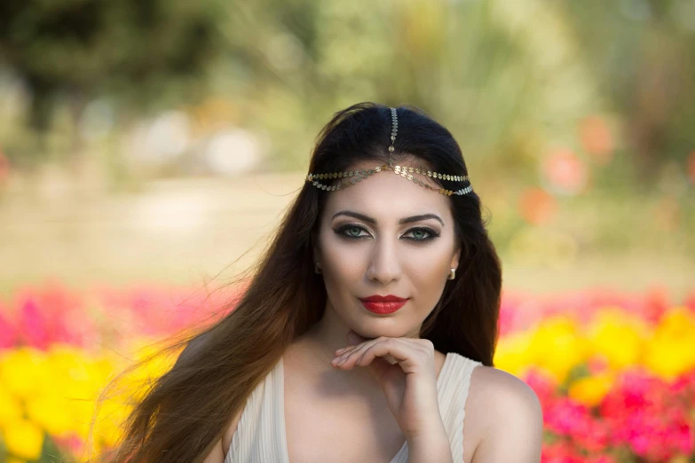 a woman in a white dress posing for a picture, a portrait, trending on pixabay, arabesque, egyptian makeup, headshot photoshoot, assyrian, ameera al-taweel