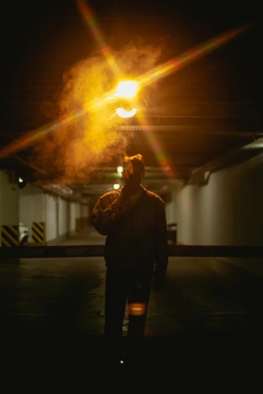 a man standing in a parking garage at night, pexels contest winner, smoke grenade, light beard, pipe smoke, instagram picture