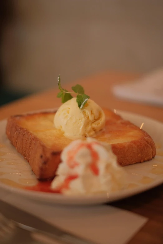 a close up of a plate of food on a table, ice cream, sponge, caulfield, kek