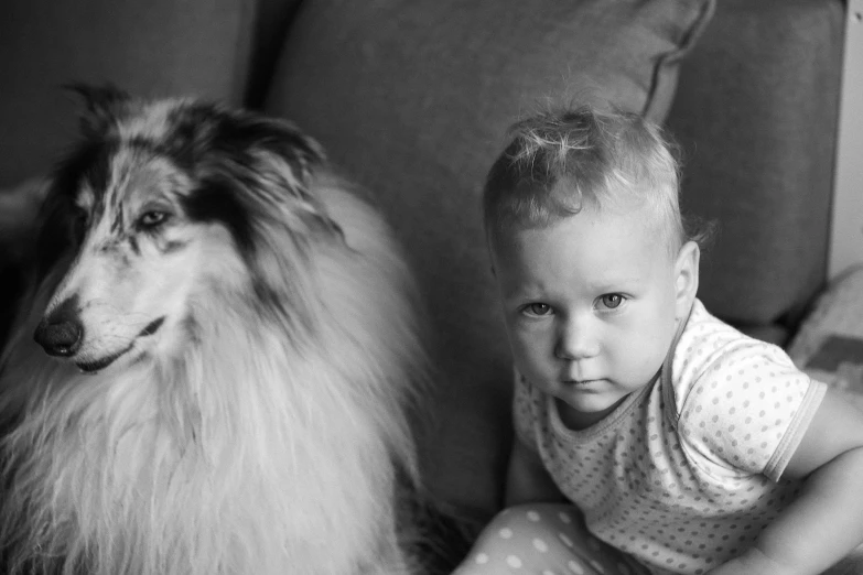 a little girl sitting next to a dog on a couch, a black and white photo, by Emma Andijewska, pexels, fluffy mane, they are very serious, pregnancy, !! looking at the camera!!