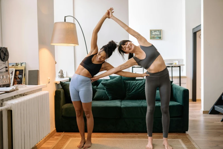 two women doing yoga together in a living room, pexels contest winner, full body image, thumbnail, standing athletic pose, serpentine pose gesture