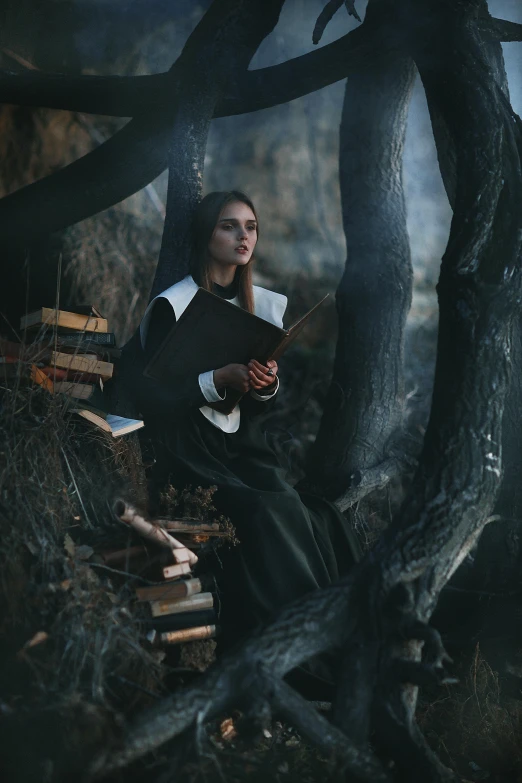 a woman sitting in a tree reading a book, an album cover, inspired by Vasily Perov, pexels contest winner, romanticism, witch clothes, 2019 trending photo, spell casting wizard, the librarian