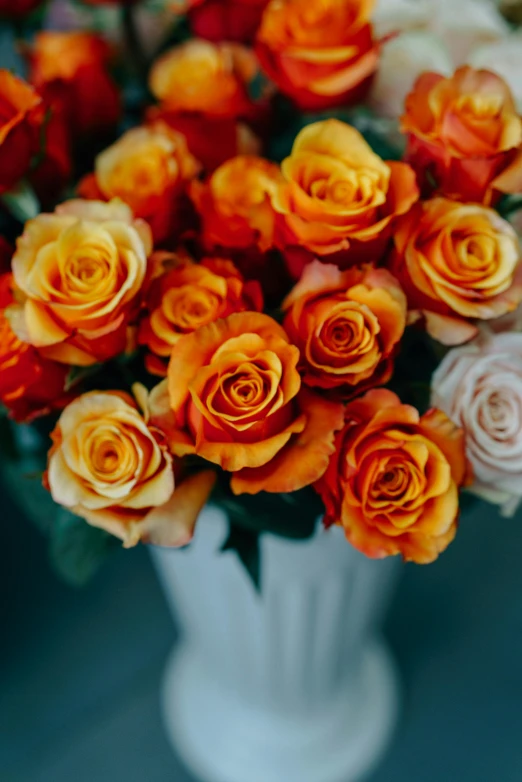 a white vase filled with orange and white roses, unsplash, zoomed in, orange yellow, low detailed, various colors