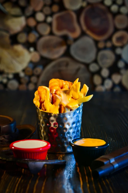 a bowl of fries sitting on top of a wooden table, horns and red eyes, background bar, (cheese), photoshoot