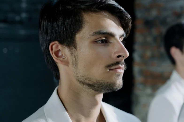 a couple of men standing next to each other, inspired by Adam Dario Keel, trending on pexels, renaissance, square masculine jaw, profile shot, mustache, androgynous male