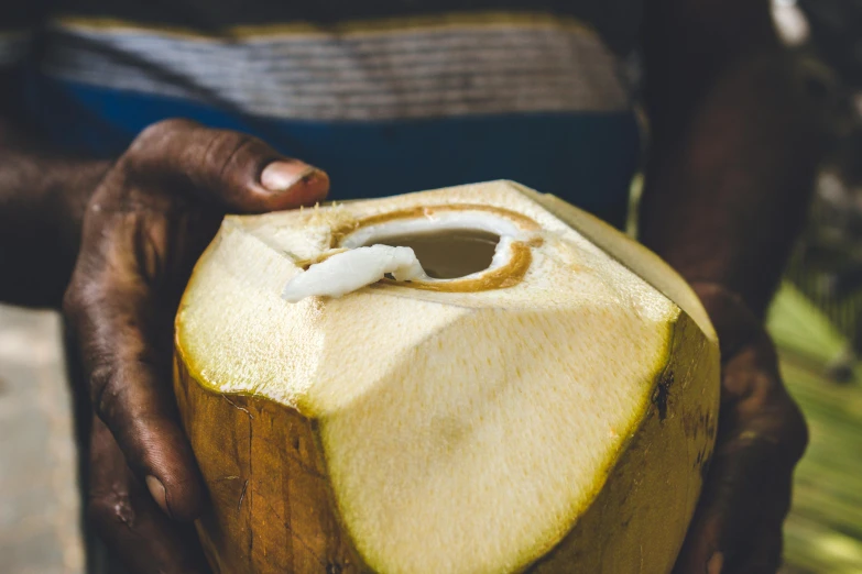 a close up of a person holding a coconut, by Daniel Lieske, trending on unsplash, hurufiyya, sri lanka, 🦩🪐🐞👩🏻🦳, handcrafted, soup