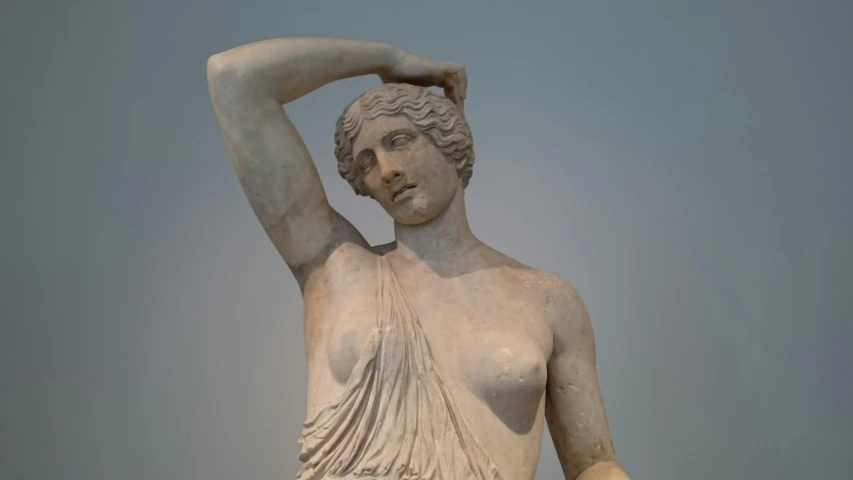 a statue of a woman with her hands on her head, a marble sculpture, petros, female, complete figure, full body image