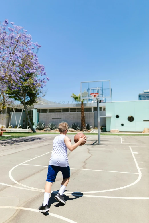 a man standing on top of a basketball court holding a basketball, dribble, heidelberg school, with palm trees in the back, facing away from camera, jen atkin, mid action swing