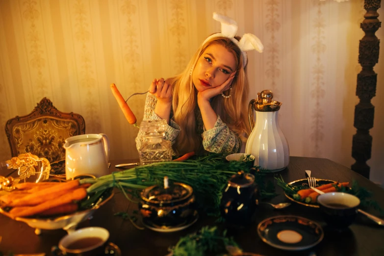 a woman sitting at a table with a lot of food, an album cover, inspired by Elsa Bleda, unsplash, magic realism, bunny ears, dressed anya taylor - joy, tea party, very very low quality picture