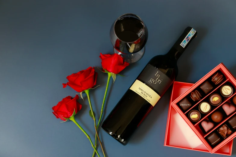 a bottle of wine and a box of chocolates, by Niko Henrichon, romanticism, official product photo, magali, red rose, thumbnail