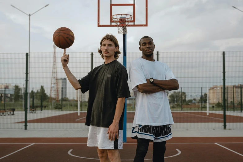 two men standing next to each other on a basketball court, by Matija Jama, trending on dribble, 15081959 21121991 01012000 4k, mrbeast, alex maksiov and john pugh, wearing black shorts