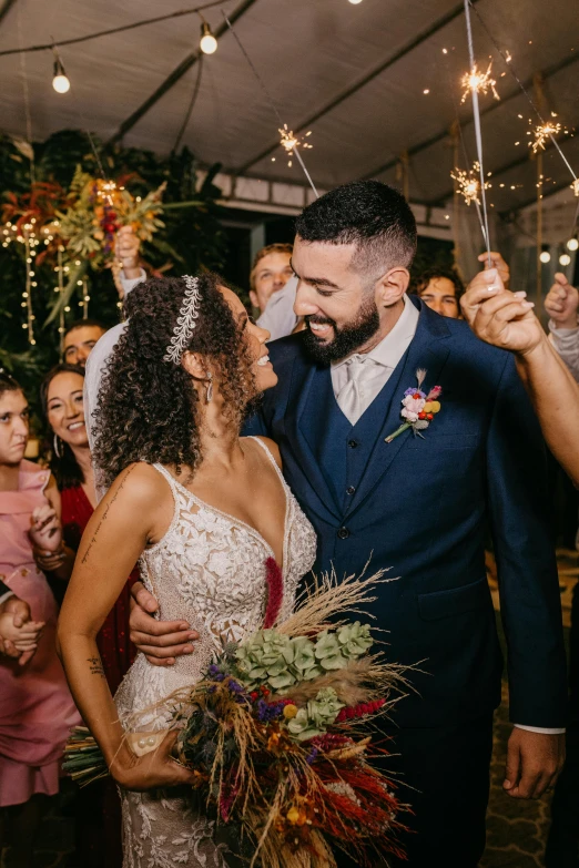 a bride and groom holding sparklers in their hands, renaissance, profile image, brazilian, holding flowers, multiple stories