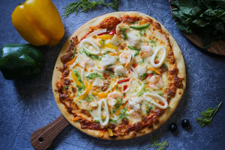 a pizza sitting on top of a wooden cutting board, by Maksimilijan Vanka, prawn, paprika, listing image, lumnoius colorful