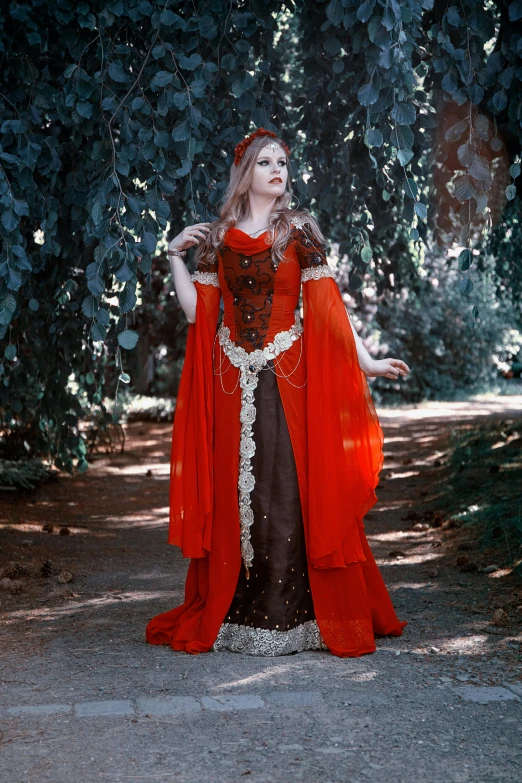 a woman in a red cape is standing on a path, inspired by Edmund Leighton, renaissance, ornate cosplay, wearing a dress made of vines, red and brown color scheme, enchanted dreams. instagram