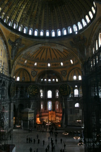 a group of people that are inside of a building, a mosaic, with great domes and arches, 2 5 6 x 2 5 6, lead - covered spire, overview