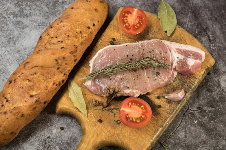 a wooden cutting board topped with meat and vegetables, by Micha Klein, pexels contest winner, renaissance, bread, grey, raw pork, full body image