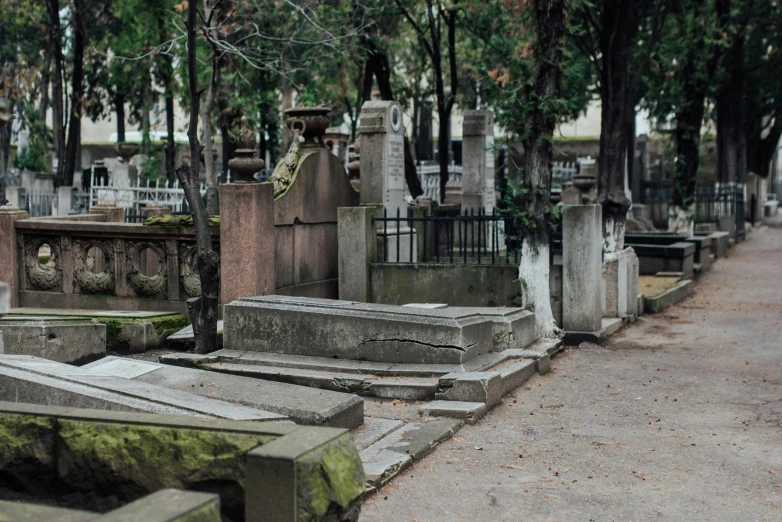 a cemetery filled with lots of tombstones and trees, a photo, unsplash contest winner, art nouveau, in a city with a rich history, ignant, bodies on the ground, orthodox