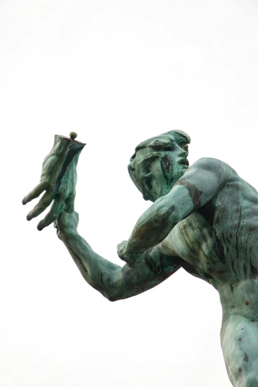 a statue of a man holding a bird in his hand, inspired by Michelangelo Buonarroti, pexels contest winner, made of bronze, square jaw, view from the bottom, dabbing