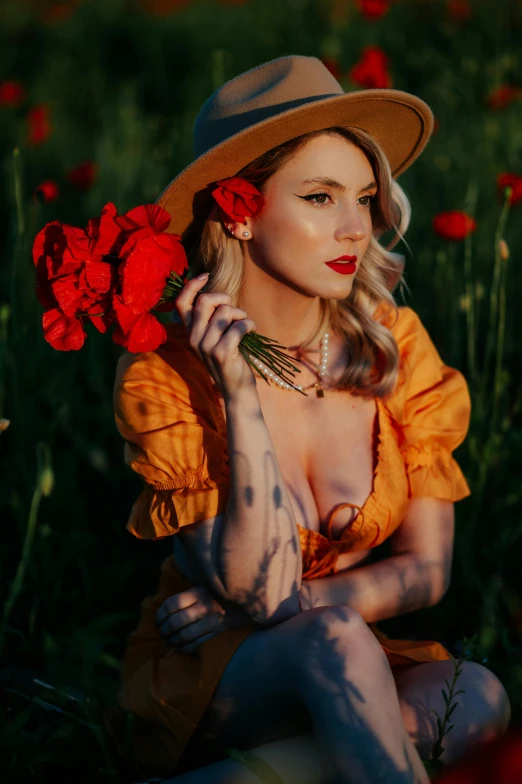 a woman sitting in a field of red flowers, unsplash contest winner, romanticism, wearing orange sundress, red neon roses, with hat, anna nikonova aka newmilky