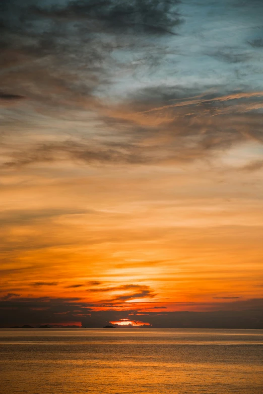 a large body of water with a sunset in the background, unsplash, romanticism, panorama view of the sky, orange sun set, thin, multicoloured