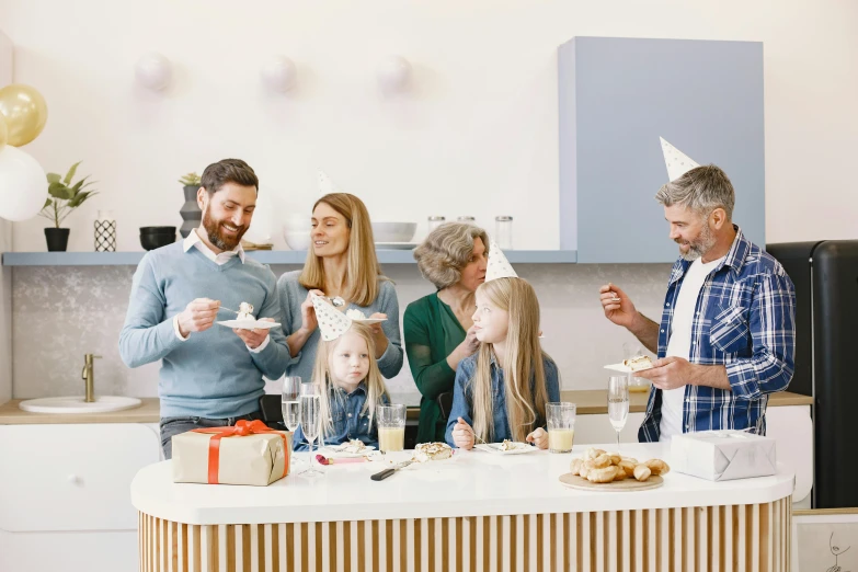 a group of people standing around a kitchen table, birthday, clean design, without duplicate image, fan favorite