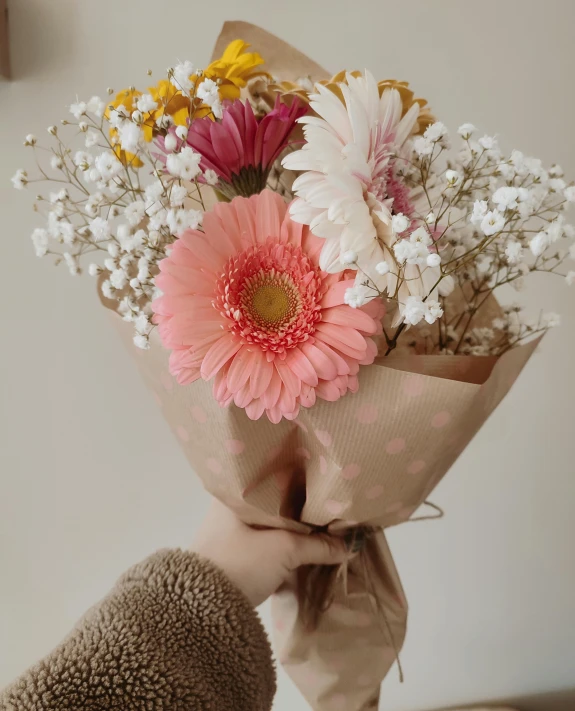 a person holding a bunch of flowers in their hand, product photo, holding daisy, pinks, with lots of details