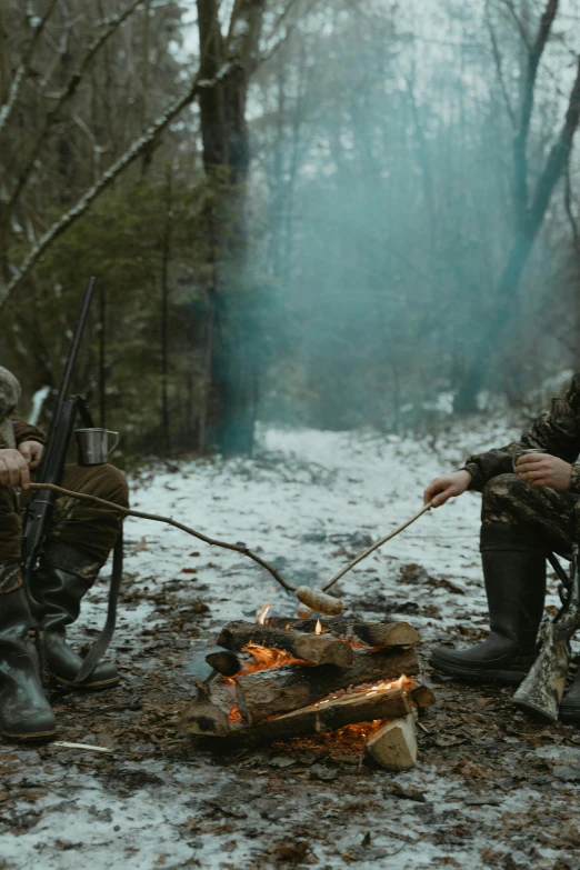 two hunters roasting marshmallows over a campfire, by Matt Cavotta, trending on reddit, multicam, alessio albi, game ready, winter