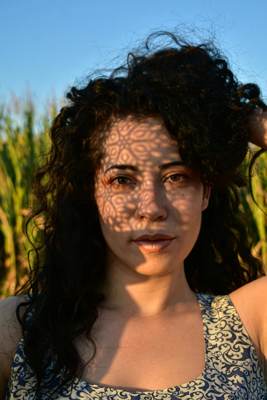 a woman standing in front of a corn field, by Jessie Algie, pexels contest winner, renaissance, her face is in shadow, mixed race woman, intricate patterns on face, backlight photo sample