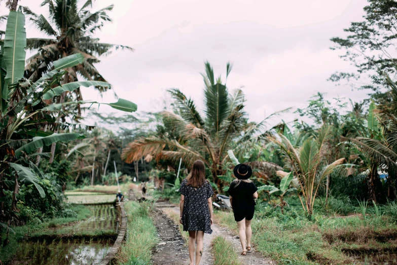 a couple of women walking down a dirt road, unsplash, visual art, bali, lush oasis, sydney park, secretly on a village