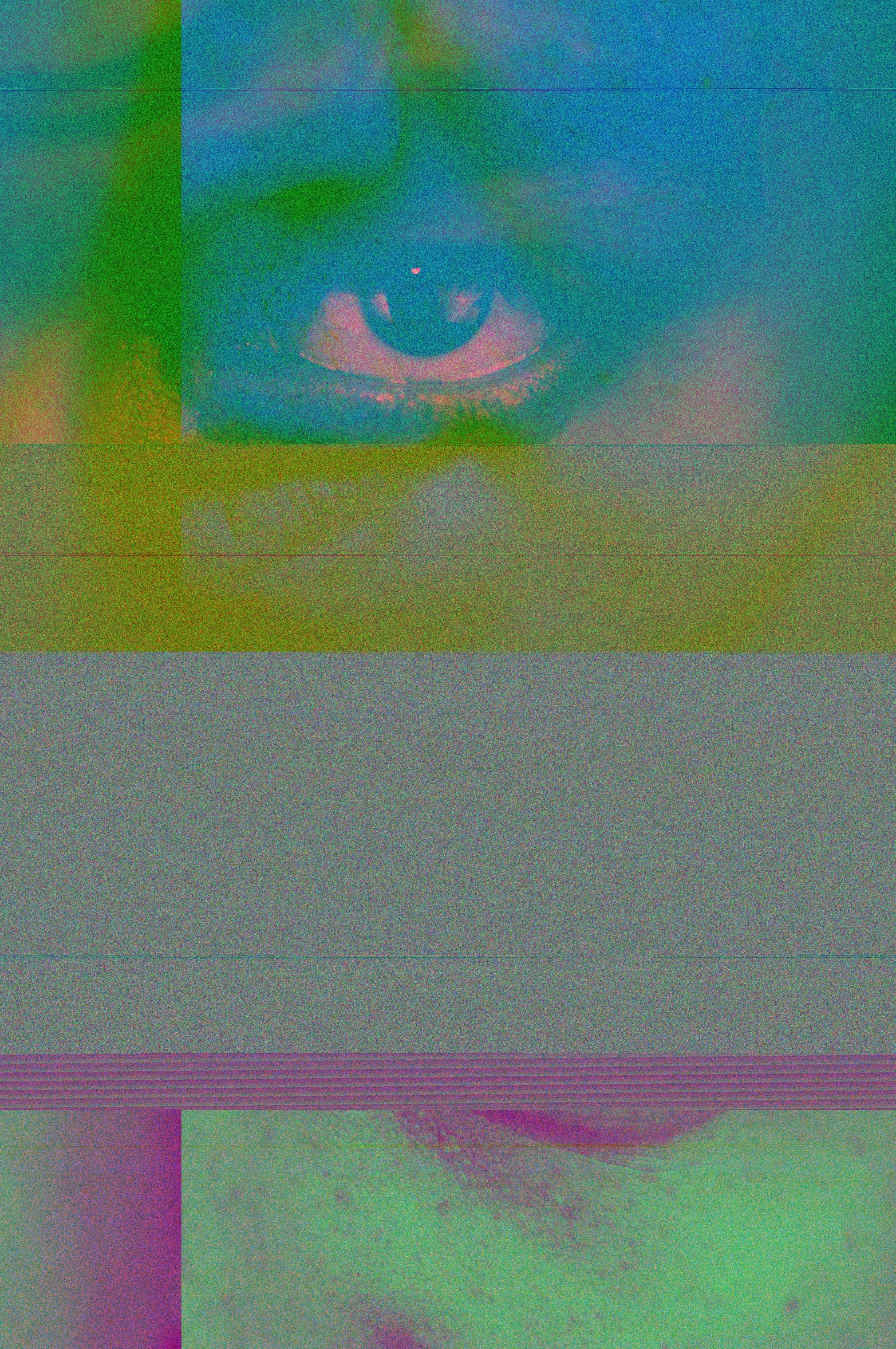 a close up of a person holding a cell phone, an album cover, inspired by Gao Cen, video art, glitch eyes, ( ( dithered ) ), damaged webcam image, neon colored