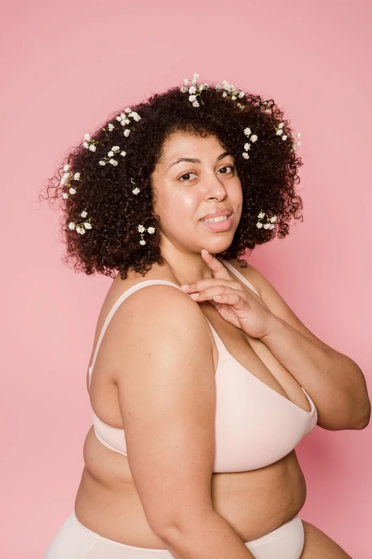 a woman in a white underwear posing for a picture, liberty curls, gushy gills and blush, plus-sized, blooming