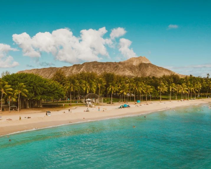 a beach with palm trees and a mountain in the background, aerial, posing in waikiki, teal aesthetic, beach on the outer rim