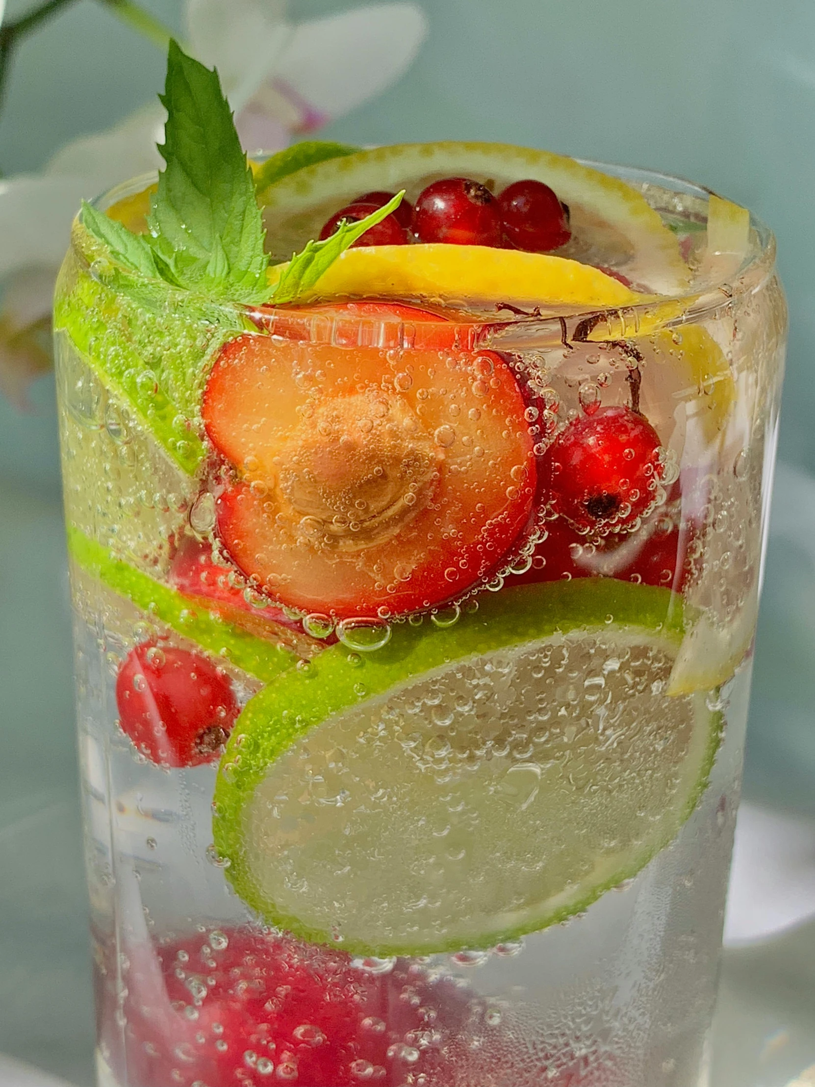 a close up of a glass of water with fruit in it, sparkling spirits, promo image, multiple stories, full daylight