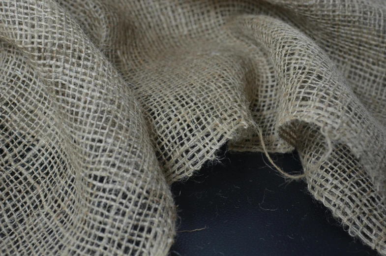 a piece of burlock sitting on top of a table, by Helen Stevenson, unsplash, renaissance, hessian cloth, close up shot from the side, on a gray background, netting