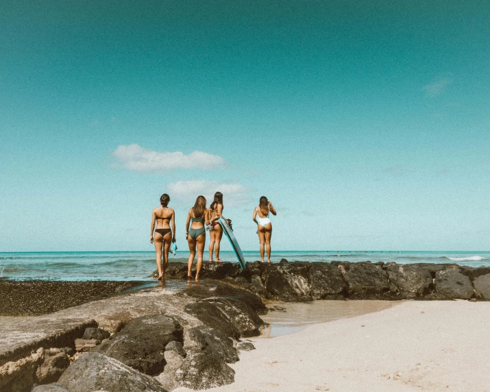 a group of women standing on top of a rocky beach, pexels contest winner, happening, waikiki beach, bulli, lush paradise, surfing