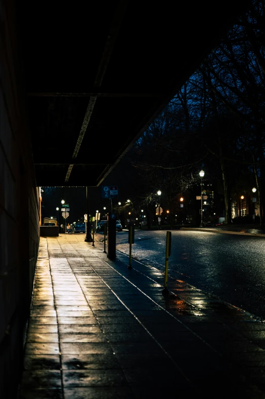 a person walking down a sidewalk at night, inspired by Gregory Crewdson, unsplash, capitol hill, late morning, under bridge, streetscapes