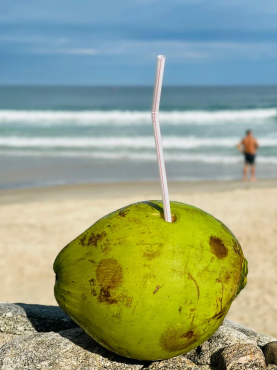 a green coconut sitting on top of a rock on a beach, with a straw, profile image