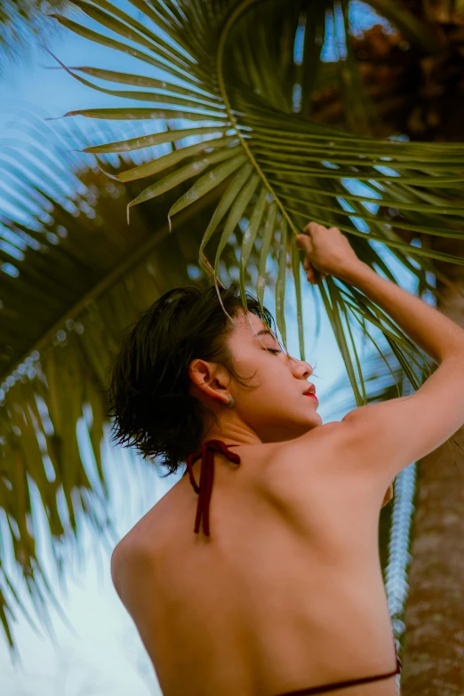 a woman in a bikini standing next to a palm tree, inspired by Ren Hang, unsplash, asian male, profile image, philippines, arched back