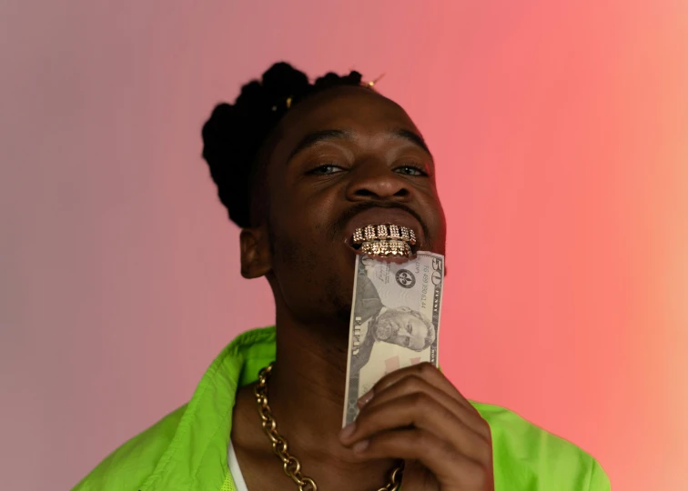 a man with a dollar in his mouth, an album cover, by artist, pexels contest winner, thot, yzy, promotional shot, dayglo