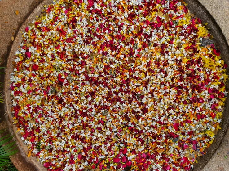 a wooden bowl filled with lots of colorful flowers, a mosaic, by Jan Rustem, pexels, process art, tiny crimson petals falling, india, marigold, overhead view