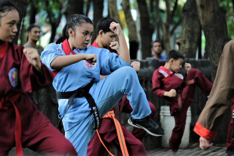 a group of young people practicing martial moves, by Gina Pellón, pexels contest winner, quito school, girl wearing uniform, avatar image, high details, blue and red color scheme