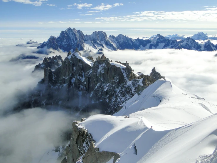 a group of people standing on top of a snow covered mountain, les nabis, majestic spires, flying above the clouds, french features, multiple stories
