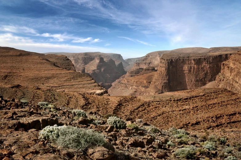 a view of a canyon from the top of a mountain, les nabis, stargate standing in desert, slide show, afar, brown