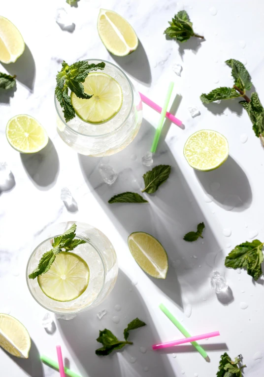 two glasses filled with lemonade and mint leaves, trending on unsplash, white neon, epicurious, profile image, flatlay