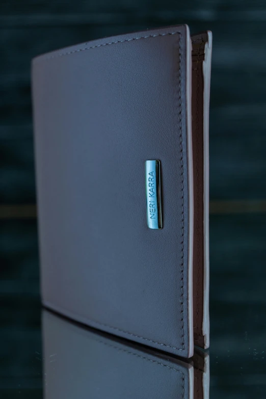 a close up of a wallet on a table, an album cover, unsplash, symbolism, gradient brown to silver, with blue light inside, thumbnail, silver，ivory