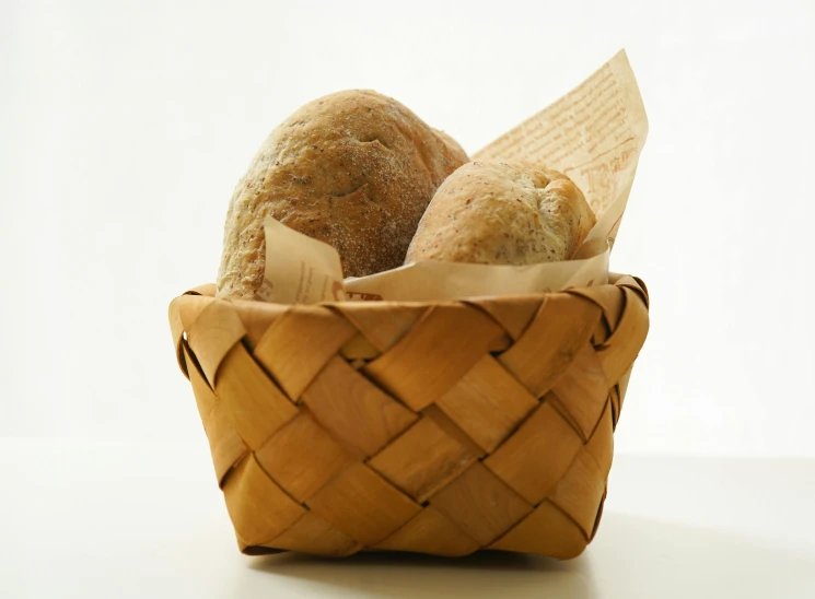 a basket of bread sitting on top of a table