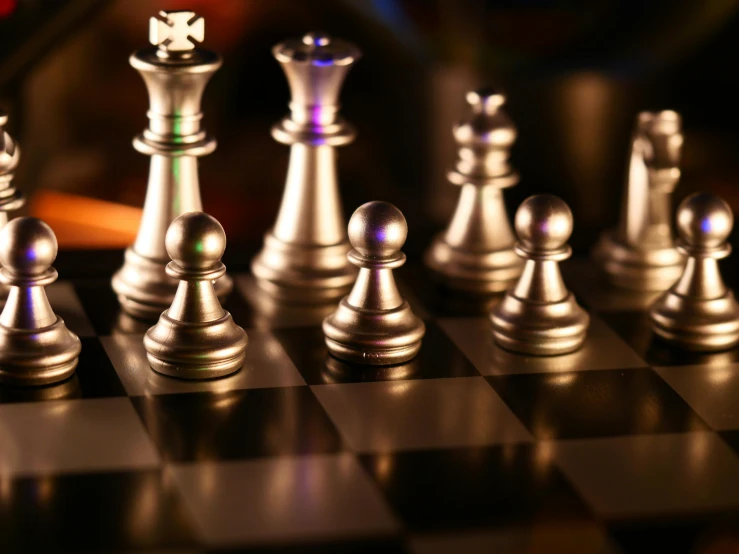 a close up of chess pieces on a chess board, a digital rendering, by Adam Marczyński, unsplash, shiny metal, magical and alchemical weapons, ilustration, board games on a table