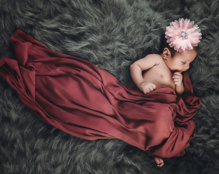 a baby sleeping on a blanket with a flower in her hair, by Lucia Peka, pexels contest winner, maroon red, pregnancy, flowing pink-colored silk, dark-skinned